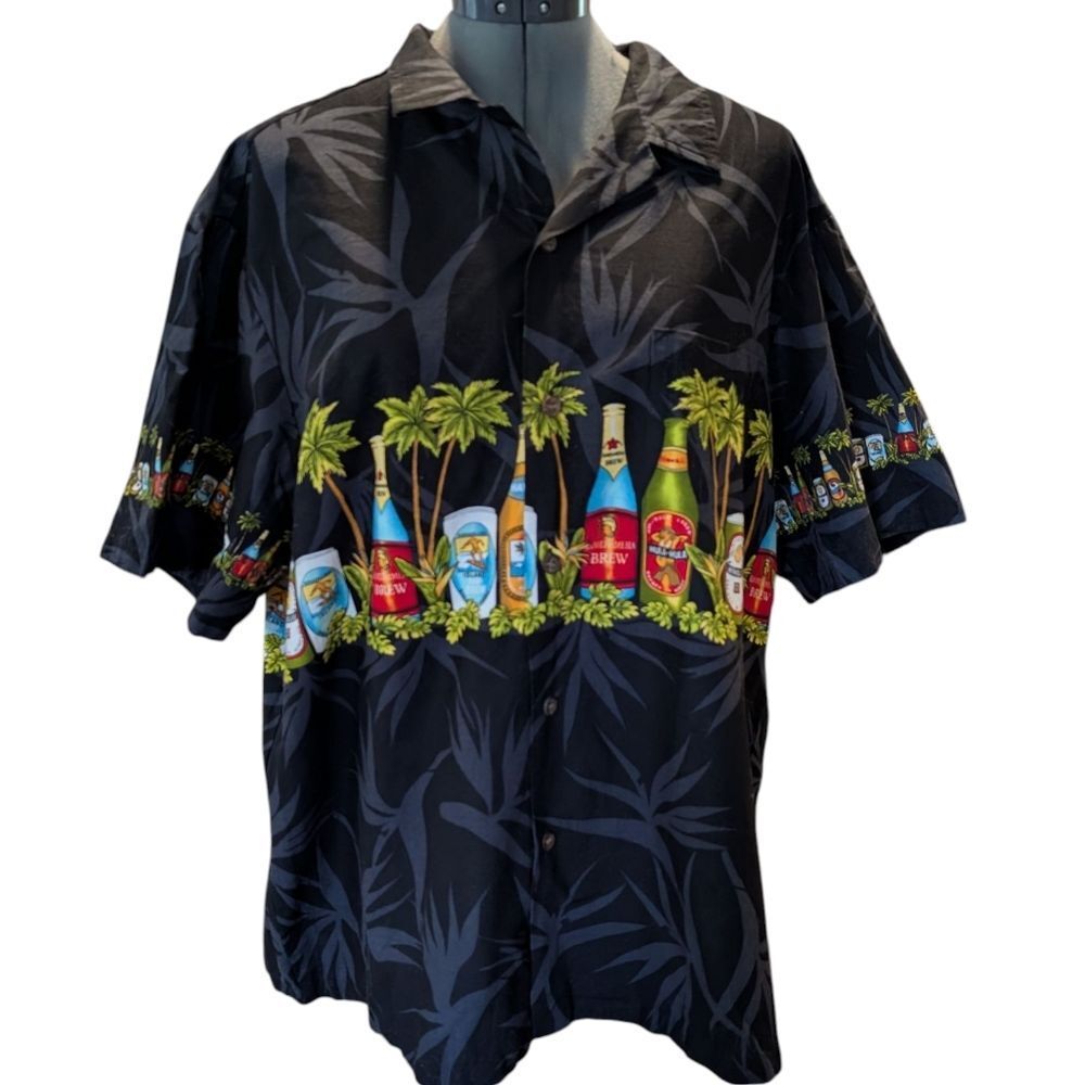 RJC Hawaiian Shirt Beer Black Palm Cotton Beers XL‎ USA Beach Brew Brewery Style
